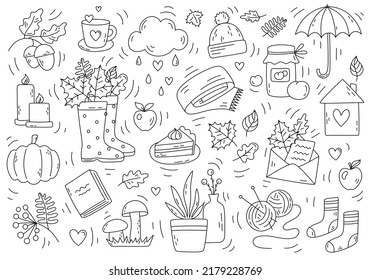 Autumn Doodle Set. Cute Sketch On An Autumn Theme. Fall Season Vector Elements: Scarf, Umbrella, Boots, Leaves, Maple, Acorn, Cup, Pie, Pumpkin, Knitting. Black Outline Isolated On A White Background.