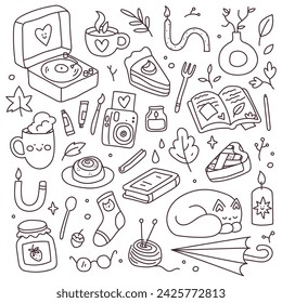 Autumn doodle set. Draw vector illustration collection for planner Cute bullet journals coloring. Cartoon style freehand vector line art drawing.