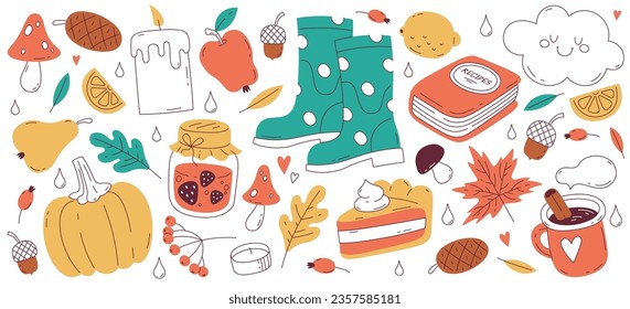 Autumn doodle set, fall season design element scrapbook collection, cozy autumnal item drawing vector illustration. Food snack and treats, drinks and desserts, boots and weather peculiarities