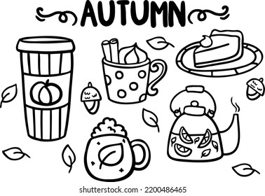 Autumn doodle set, hand drawn cups of tea, jar of jam and berries on a blanket. Sketch, freehand minimalistic design, children's drawing. Set for coloring