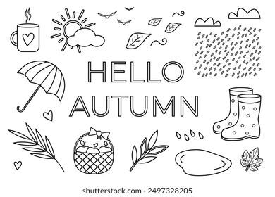 Autumn doodle set. Hand drawn vector illustration of rubber boots, cup with hot tea, puddle, rain, plants, clouds. Line sketch drawing of umbrella and wicker basket. Hello Autumn text