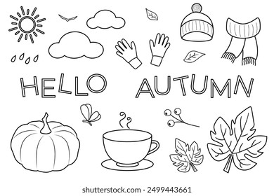 Autumn doodle set. Hand drawn vector illustration of hat, scarf, gloves, pumpkin, leaf, clouds. Line sketch drawing of cup of hot tea, rainfall and warm clothes. Hello Autumn text