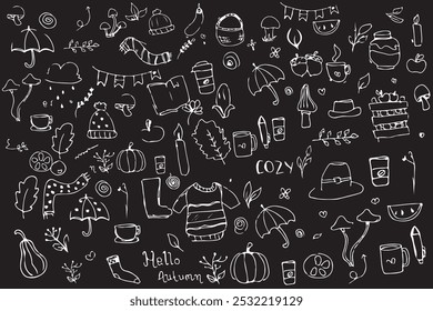 Conjunto de doodle de outono. ilustração de vetor desenhado à mão de botas de borracha, xícara com chá quente, poça, chuva, plantas, nuvens. Desenho de esboço de linha de guarda-chuva e cesta de vime. fundo preto