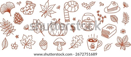 Autumn doodle set – hand drawn seasonal line art with leaves, pumpkin, coffee, tea, and cozy elements for seamless pattern, banner or printing. Vector illustration
