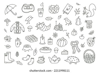 Autumn doodle set. Ideal for coloring books, stamps, invitations and others.  Outline vector. 