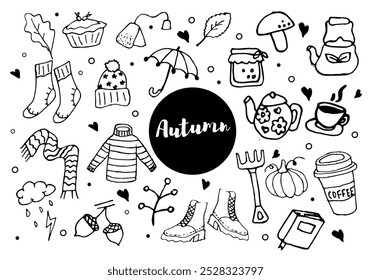 autumn doodle set isolated on white Han drown collection Vector illustration