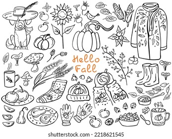 Autumn doodle set - Pumpkin, hat, dog, sunflower, cup, branch, berry, mushrooms, apples, wheat, autumn clothes. Vector illustration. Perfect for coloring book, greeting card, print.