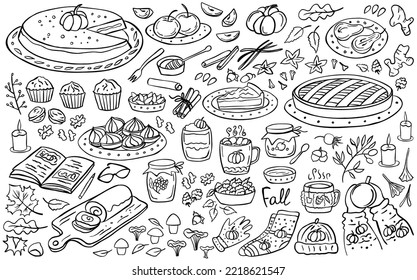 Autumn doodle set    sweet food  pumpkin pie  spices  cake  hot drink  jam  mushrooms  autumn clothes  apples  pear  Vector illustration  Perfect for autumn menu  coloring book  greeting card  print 
