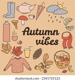 autumn doodle set, vector elements, hand drawn autumn mood items