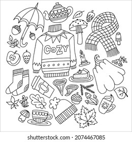 Autumn doodle set, vector isolated hand drawn elements with pumpkin, sweater, scarf, socks, tea, mushroom, umbrella, hat, cup, apple, leaf, cake, and others