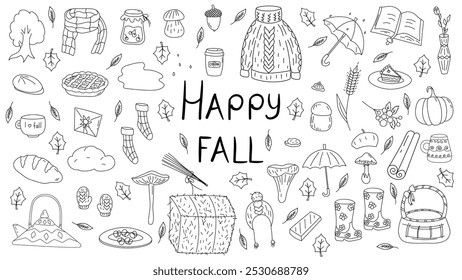 Autumn doodle set, vector isolated hand drawn elements on a white background