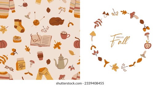 Autumn doodle stickers vector set. Cozy fall hand drawn isolated elements in vintage hygge style. Minimalist abstract shapes: pumpkin, leaves, sweater, coffee pot, mushrooms, apple, cat.