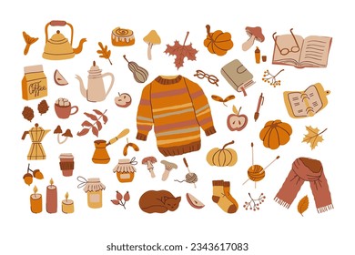 Autumn doodle stickers vector set. Cozy fall hand drawn isolated elements in vintage hygge style. Minimalist abstract shapes: pumpkin, leaves, sweater, coffee pot, mushrooms, apple, cat.