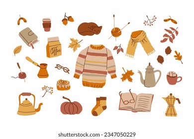 Autumn doodle stickers vector set. Cozy fall hand drawn isolated elements in vintage hygge style. Minimalist abstract shapes: pumpkin, leaves, sweater, coffee pot, mushrooms, apple, cat.