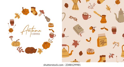 Autumn doodle stickers vector set. Cozy fall hand drawn isolated elements in vintage hygge style. Minimalist abstract shapes: pumpkin, leaves, sweater, coffee pot, mushrooms, apple, cat.