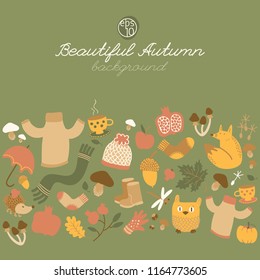 Autumn doodle style background with horizontal composition of isolated cartoon images of food wear animals and foliage vector illustration