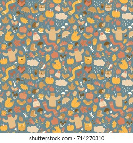 Autumn doodle style seamless pattern with plenty of small isolated elements of fall cartoon images and characters vector illustration
