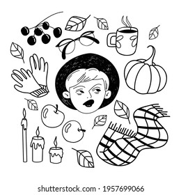 Autumn doodle style set. Vector seasonal cute clipart. Hand-drawn illustrations for greeting cards, banners, and T-shirt designs. Plant elements, clothing, decor. All elements are isolated.