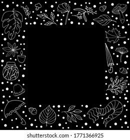 Autumn. Doodle style. Vector file. Vector isolated illustration with acorn, plants, branches, umbrellas, hat, scarf. Black background. Set with elements of the autumn concept. 