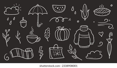 Juego de pizarra vectorial de doodle de otoño. Dibujo manual estilo boceto naturaleza temporada otoño, fondo de icono otoño. Hojas otoñales en caída, temporada de viento, elementos de boceto de paraguas. Ilustración del vector