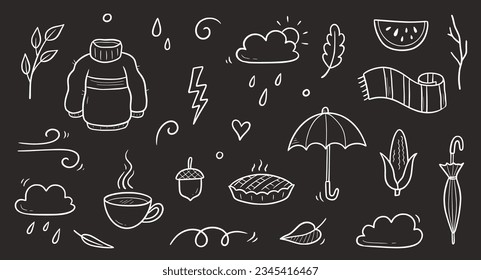 Autumn doodle vector chalkboard set. Hand drawn doodle sketch style nature fall season, autumn icon background. Autumn falling leaves, wind season, umbrella sketch elements. Vector illustration