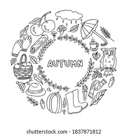 Herbstdoodle, Vektorgrafik. Herbstthema handrawing Cartoon rund Form schwarz umrissen.