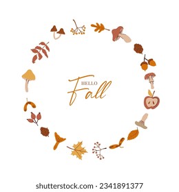 Autumn doodle vector round frame. Cozy fall hand drawn isolated elements in vintage hygge style. Minimalist abstract shapes: pumpkin, leaves, sweater, coffee pot, mushrooms, apple, cat.