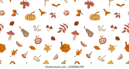 Autumn doodle vector seampless pattern. Cozy fall hand drawn isolated elements in vintage hygge style. Minimalist abstract shapes: pumpkin, leaves, sweater, coffee pot, mushrooms, apple, cat.
