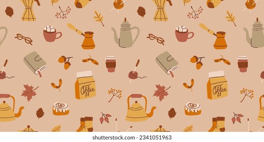 Autumn doodle vector seampless pattern. Cozy fall hand drawn isolated elements in vintage hygge style. Minimalist abstract shapes: pumpkin, leaves, sweater, coffee pot, mushrooms, apple, cat.