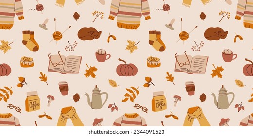 Autumn doodle vector seampless pattern. Cozy fall hand drawn isolated elements in vintage hygge style. Minimalist abstract shapes: pumpkin, leaves, sweater, coffee pot, mushrooms, apple, cat.
