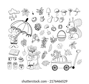 Autumn doodle vector set with animals, leaves, berries, mushrooms. nuts, jam