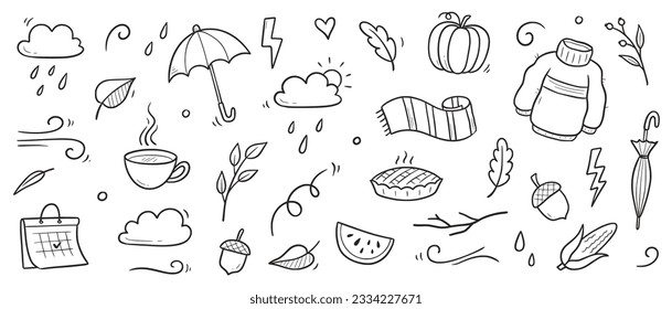 Autumn doodle vector set. Hand drawn doodle sketch style nature fall season, autumn icon background. Autumn falling leaves, wind season, umbrella sketch elements. Vector illustration.