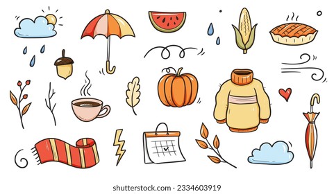 Autumn doodle vector set. Hand drawn doodle sketch style nature fall season, autumn icon background. Autumn falling leaves, wind season, umbrella sketch elements. Vector illustration.