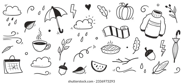 Autumn doodle vector set. Hand drawn doodle sketch style nature fall season, autumn icon background. Autumn falling leaves, wind season, umbrella sketch elements. Vector illustration.