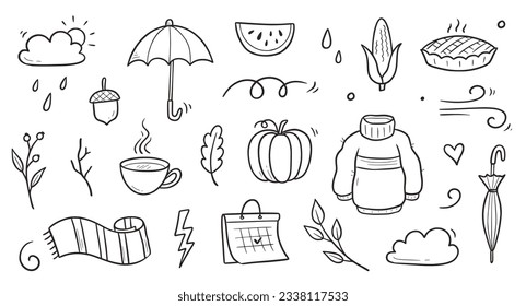 Autumn doodle vector set. Hand drawn doodle sketch style nature fall season, autumn icon background. Autumn falling leaves, wind season, umbrella sketch elements. Vector illustration.