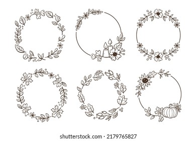 Autumn doodle wreath collection. Six seasonal floral decorative wreaths, perfect for bullet journals and frames. Isolated vector elements.