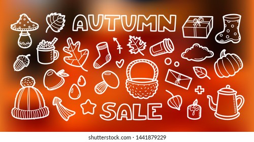 Autumn doodles collection. Vector white set on color background. Sale lettering for banner, poster, card, print, web. Hand drawn elements.