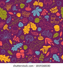 Autumn doodles - colorful seamless pattern vector illustration of leaves, mushrooms, berries, acorns