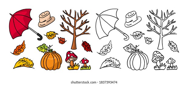 Autumn doodles drawing. Fall theme cartoon doodle drawing with colors. Set autumn icon vector illustration.