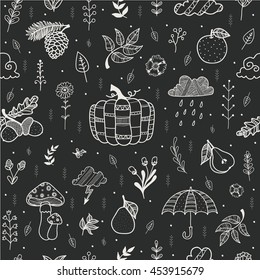 Autumn doodles. Fall. Cute hand drawn vector seamless pattern. All elements are  hidden under mask. Pattern are not cropped and can be edited.