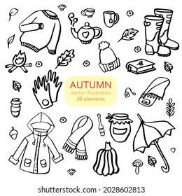 Autumn doodles. Hand drawn set of sketches. Isolated objects on white background.