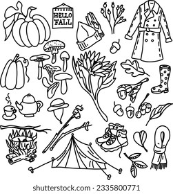 Autumn doodles. Hand drawn set of sketches: rubber boots, cup of tea, mushrooms, leaves, flowers etc. Isolated objects on white background.