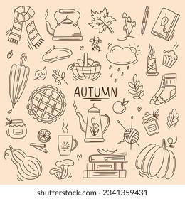 Autumn doodles. Hand drawn vector set of sketches: scarf, teapot, pumpkin pie, cloud, mushrooms, leaves, pumpkins. Autumn, hygge, harvest festival. Fall season elements for card, poster, sticker