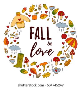 Autumn doodles round vector frame, all icons isolated, cute fall symbols collection