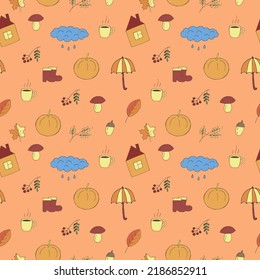 Autumn doodles seamless pattern vector illustration, hand drawing