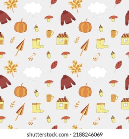 Autumn doodles seamless pattern vector illustration, hand drawing multicolored