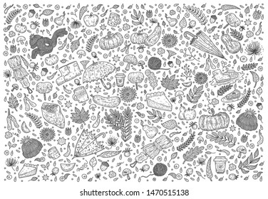 Autumn doodles set, hand drawn themed, rubber boots, fall leaves, umbrella, mushrooms, leaves, flowers pie, fall harvest and other. Vector illustration. Freehand drawing ove Isolated objects on white 