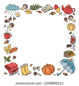Autumn doodles square frame. Hand drawn set of sketches. Isolated objects on white background. Set of cute stickers for daily planner
