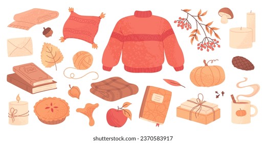 Autumn doodles, warm sweater and blanket, hot cocoa cup, red berries twig with leaves. Hand drawn fall season stickers, candle, orange and red leaves, pumpkin, apple pie, cozy decor element vector set