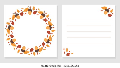 Autumn double sided card with acorns. Greeting card, invitation. World Teachers Day. International Day of Older Persons. Decorative round frame.